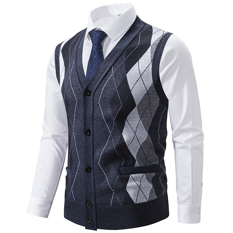 Herren elegante Strickweste mit klassischem Rautenmuster und praktischen Taschen R&B