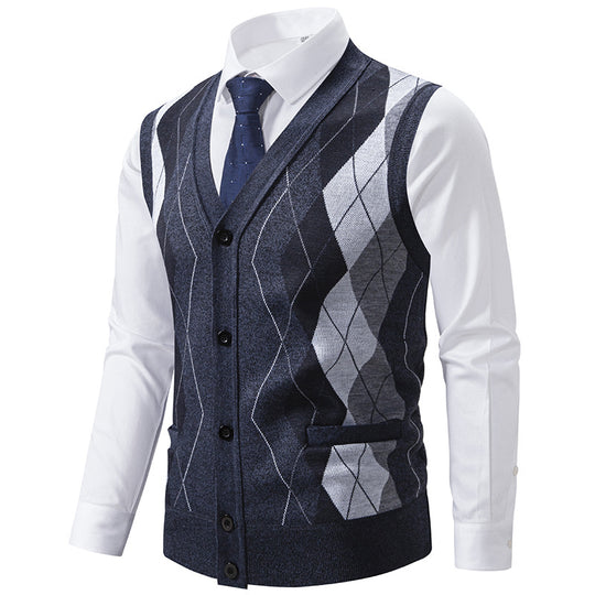 Herren elegante Strickweste mit klassischem Rautenmuster und praktischen Taschen R&B