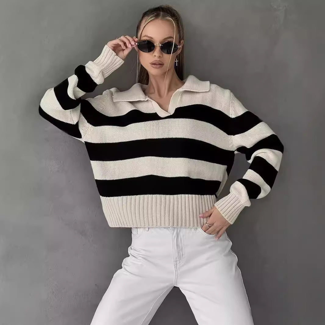 Damen Grob gestrickter Pullover mit breitem Kragen und Blockstreifendesign R&B