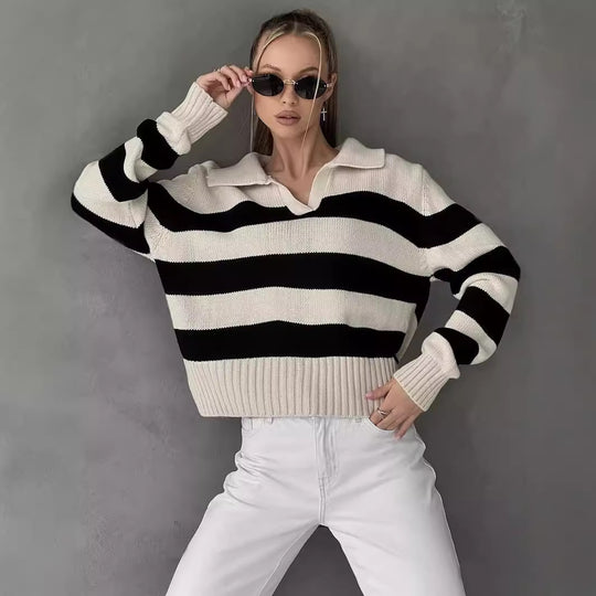 Damen Grob gestrickter Pullover mit breitem Kragen und Blockstreifendesign R&B