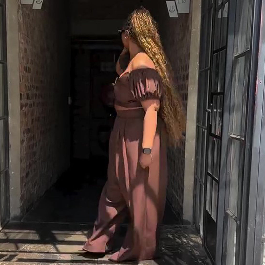 Damen Crop-Top und Palazzo-Hosen Set mit voluminösen Ärmeln und eleganten Falten R&B