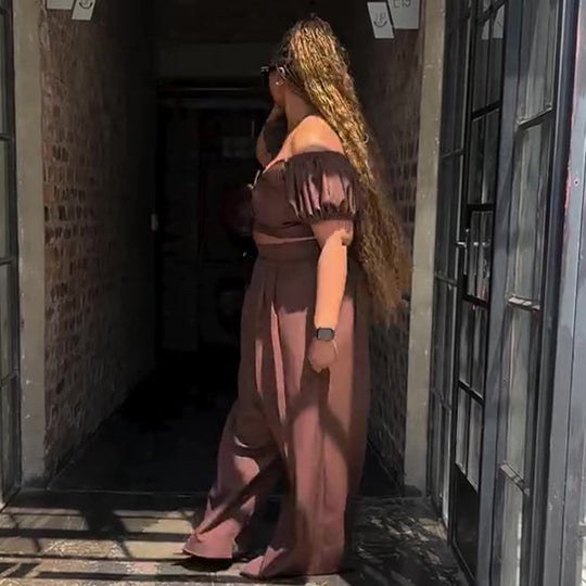 Damen Crop-Top und Palazzo-Hosen Set mit voluminösen Ärmeln und eleganten Falten R&B