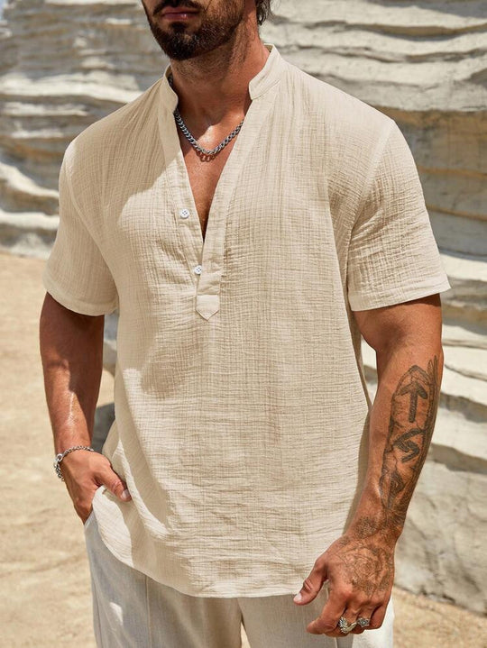 Herren Kurzarm Henley Hemd mit modernem Stehkragen aus leichtem Baumwollmaterial R&B