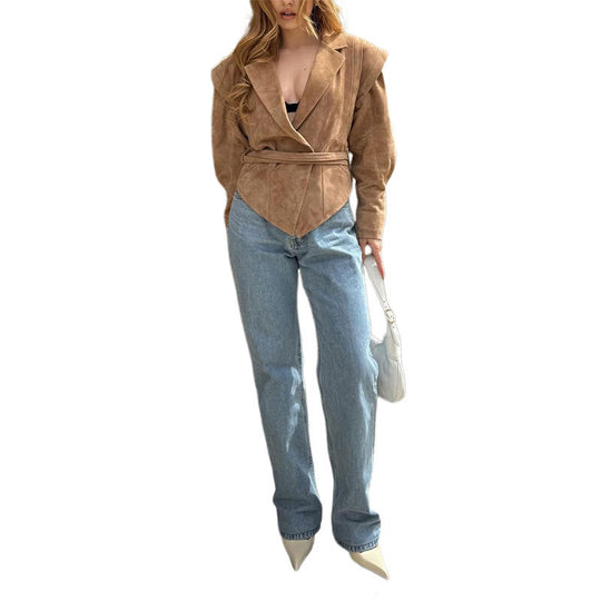 Damen Blazerjacke mit verbindbarem Gürtel und modernem Schulterdesign R&B