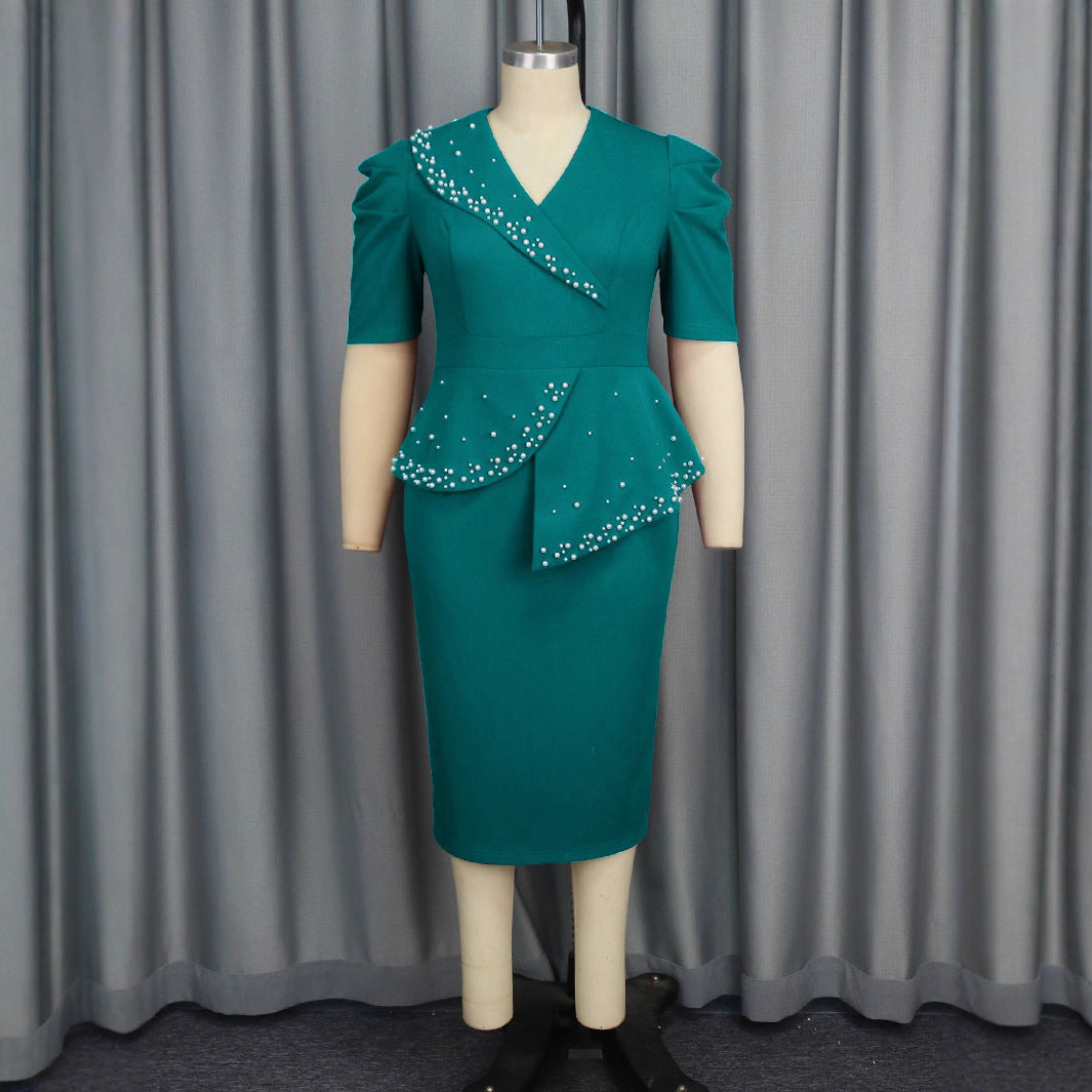 Damen figurbetontes Wickelkleid mit Rüschen und Perlenakzenten R&B