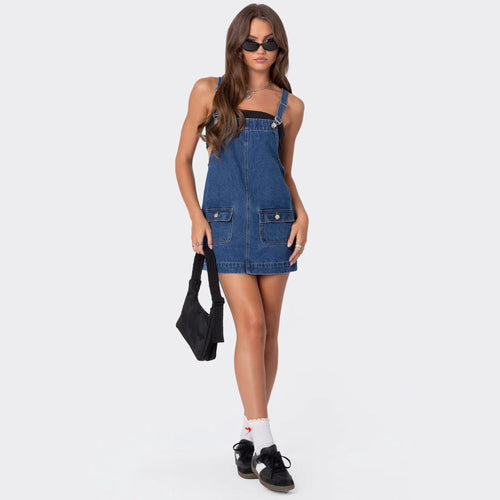 Damen Lässiges Jeanskleid mit praktischen Taschen und verstellbaren Trägern R&B