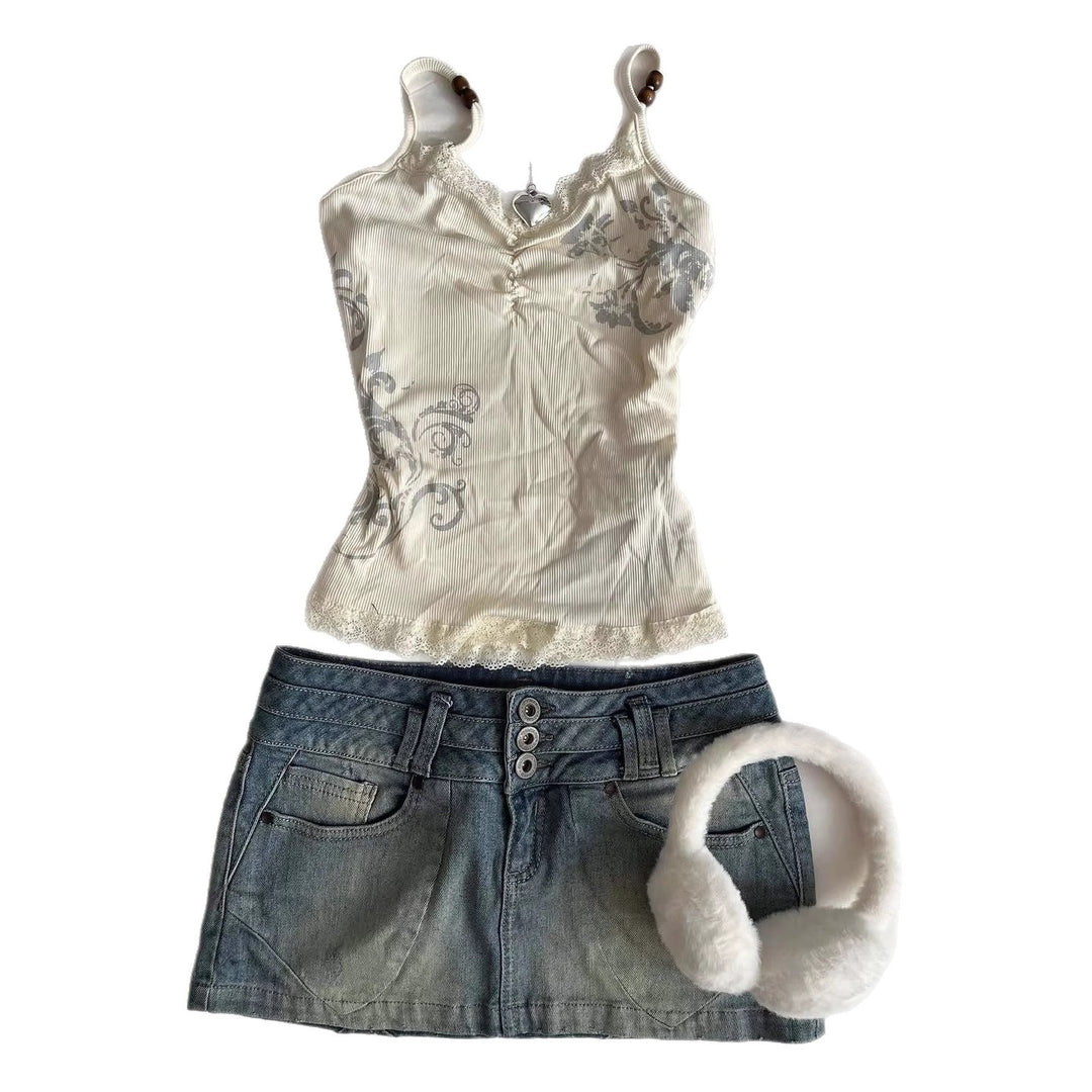 Damen Verspieltes Spaghetti-Träger Top mit Spitzendetails R&B