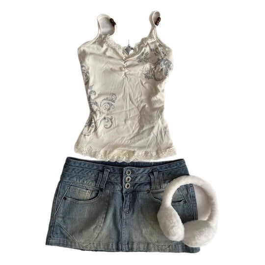 Damen Verspieltes Spaghetti-Träger Top mit Spitzendetails R&B