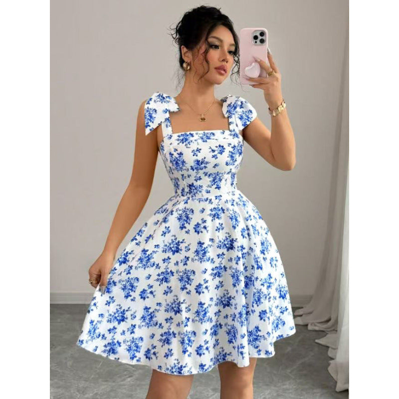 Damen Sommerliches A-Linien Kleid mit floralem Print und Schleifen-Trägern R&B