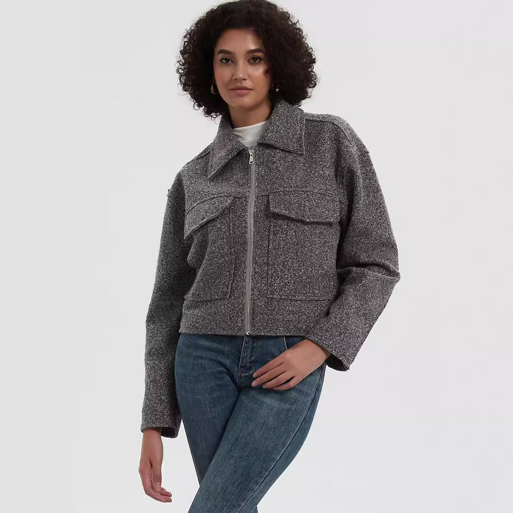 Damen cropped Utility-Jacke mit doppelten Brusttaschen R&B