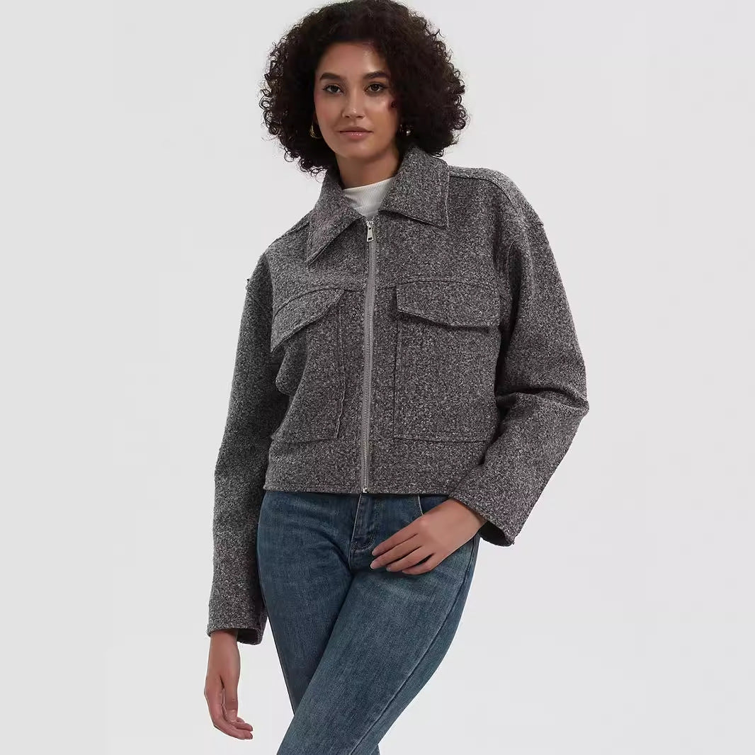 Damen cropped Utility-Jacke mit doppelten Brusttaschen R&B