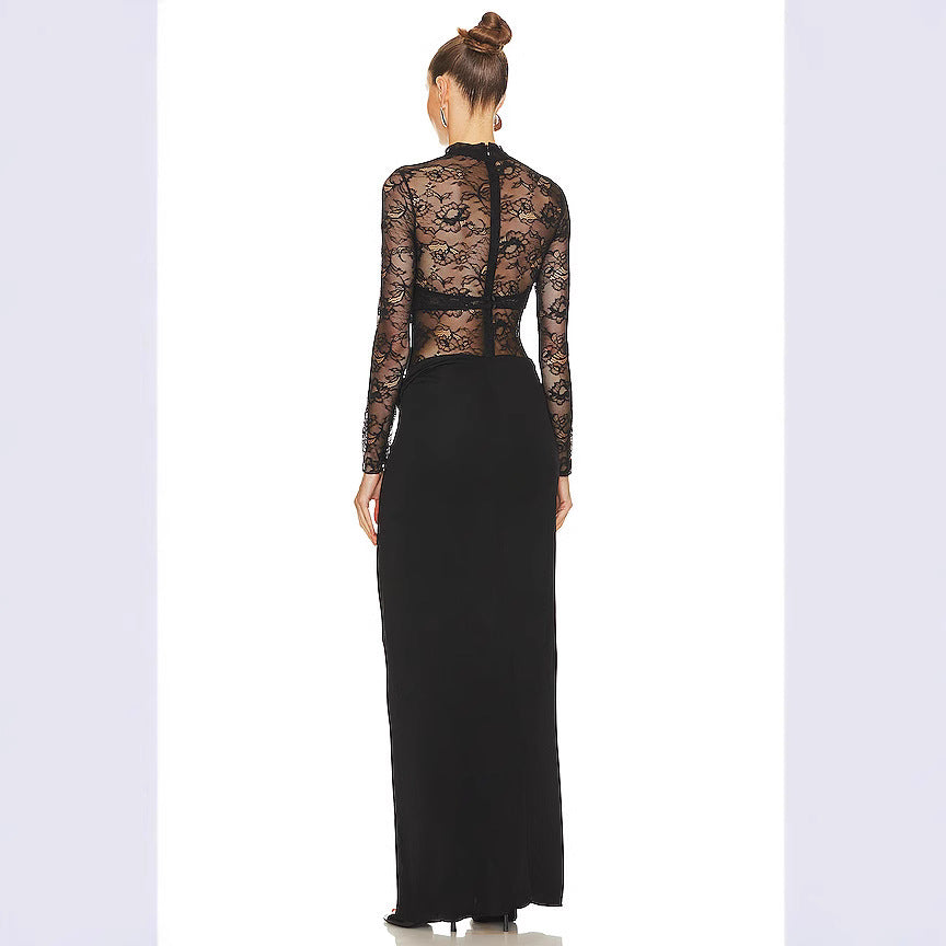 Damen Lange Spitze Kleid mit transparenten Einsätzen und elegantem Schlitz R&B