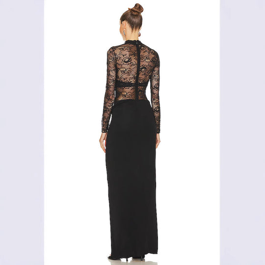 Damen Lange Spitze Kleid mit transparenten Einsätzen und elegantem Schlitz R&B
