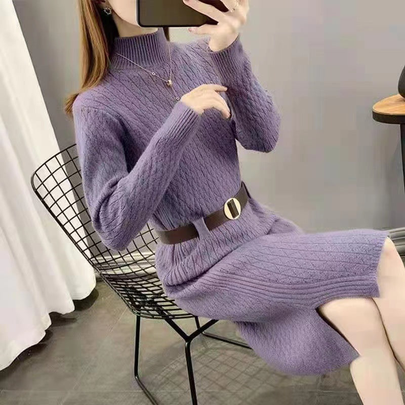 Damen Strickkleid mit hohen Kragen und Taillengürtel