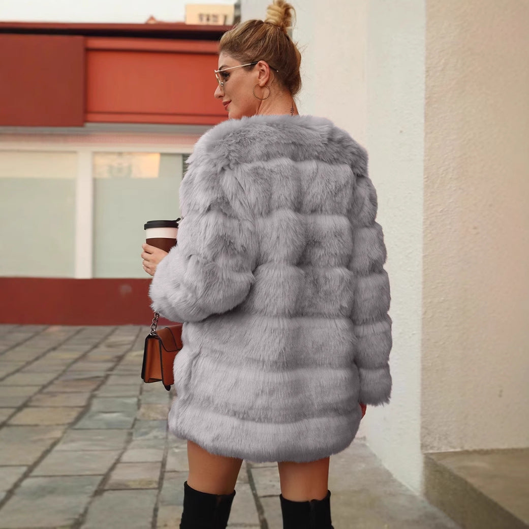 Damen Modischer Kunstfellmantel mit voluminösen Ärmeln R&B