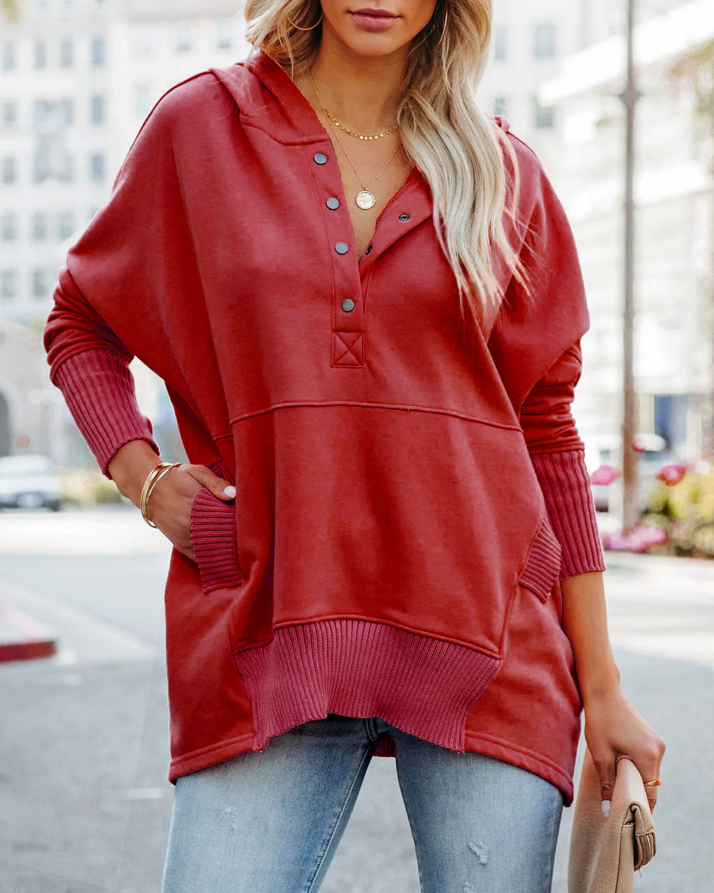 Damen lässiger Pullover mit Knopfleiste und Kapuze R&B