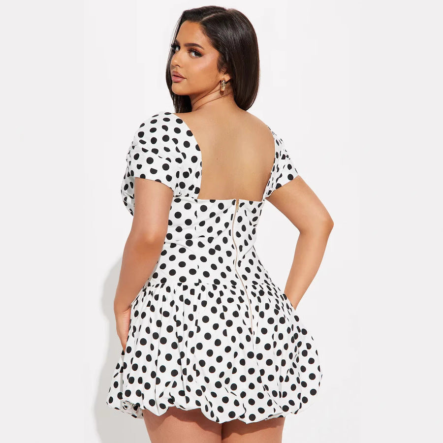 Damen Kurzärmeliges Cocktailkleid mit Puffärmeln und Freizeitausschnitt R&B