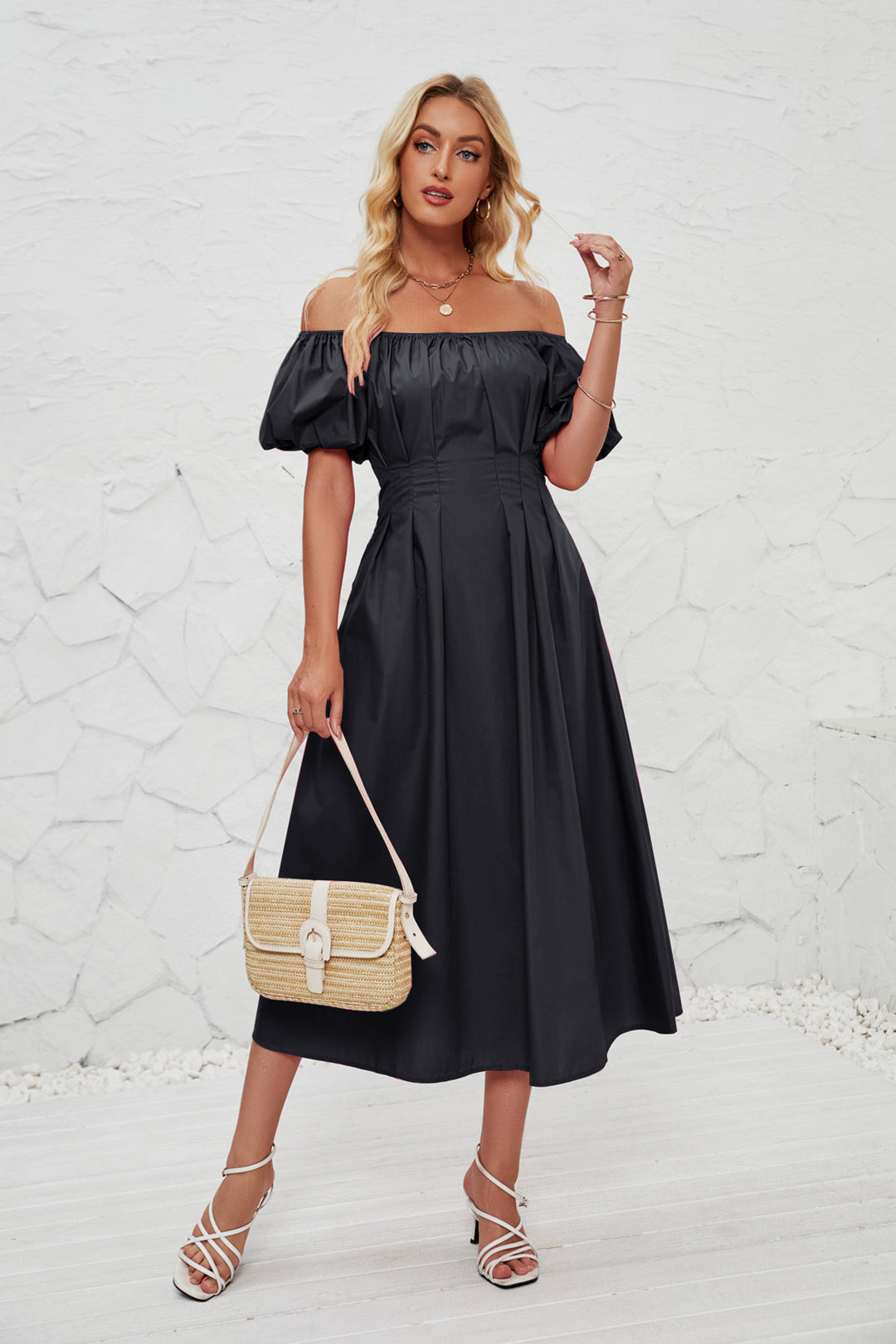 Damen Off-Shoulder Maxikleid mit voluminösen Puffärmeln und seitlichen Taschen R&B