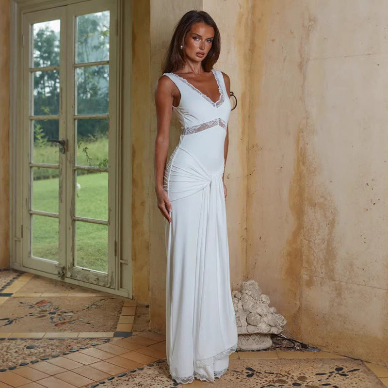 Damen Elegantes Langes Kleid mit Spitzendetails und Wickeleffekt R&B
