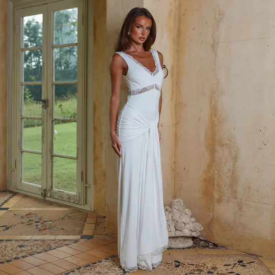 Damen Elegantes Langes Kleid mit Spitzendetails und Wickeleffekt R&B