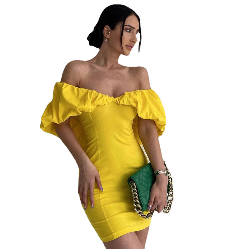 Damen Kurzarm Minikleid mit schulterfreiem Design und Rüschensaum R&B