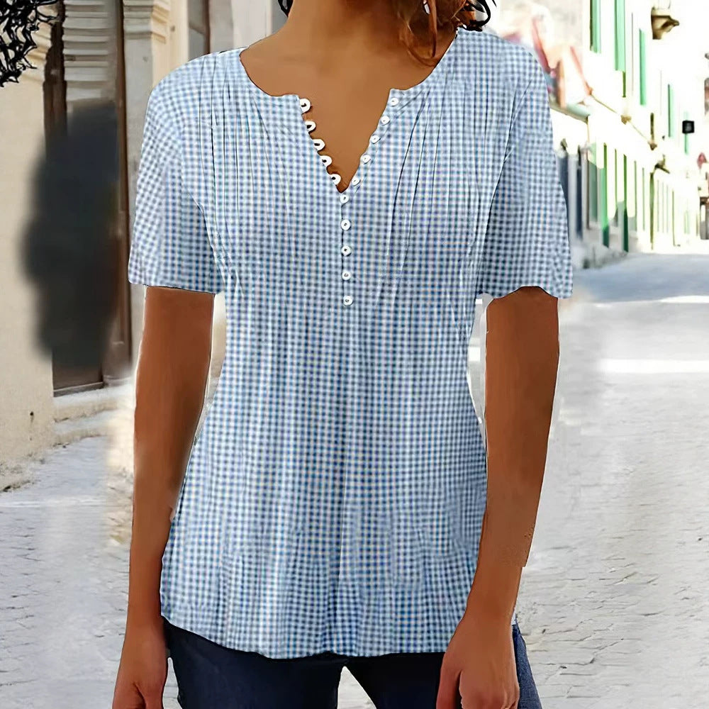 Damen nan leichte Karobluse mit V-Ausschnitt, Zierknopfleiste und Stufenvolant R&B