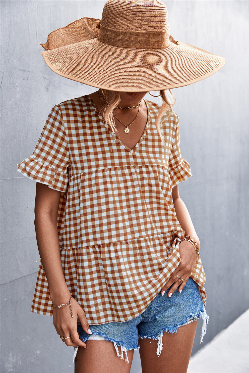 Damen Blusenshirt mit rüschenförmigem Saum und Karomuster R&B