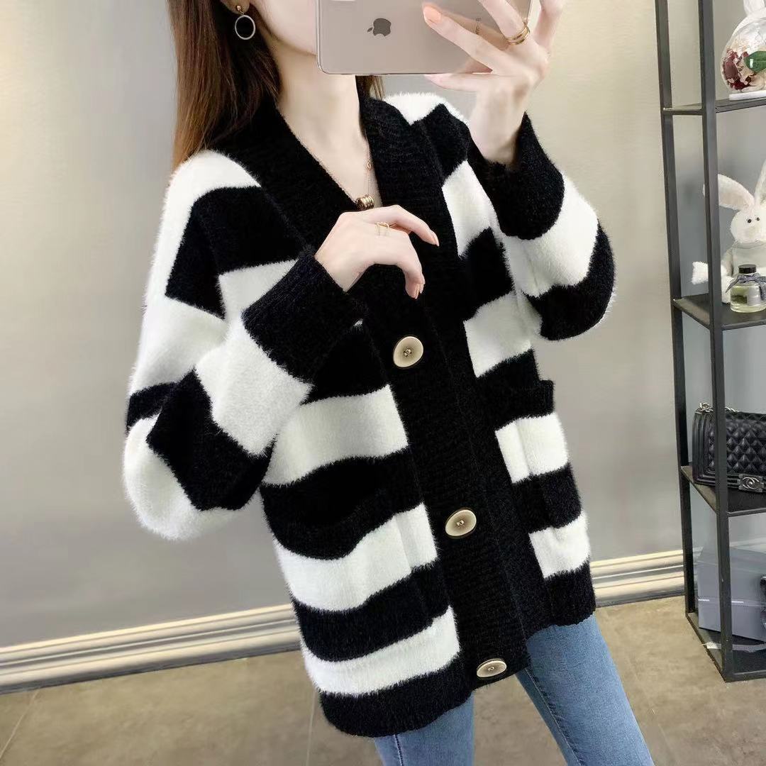 Damen Grobstrick-Cardigan mit Breton-Streifen und praktischen Taschen R&B