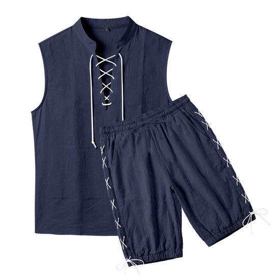 Herren nan ärmelloses Freizeit-Set mit Schnürkragen und Kordelzug-Bermuda R&B