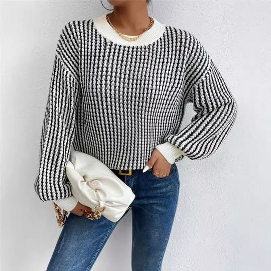 Damen lässiger Strickpullover mit voluminösen Ärmeln und strukturiertem Muster R&B