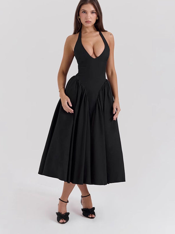 Damen Maxikleid mit elegantem Halterneck und voluminösem Rock Heidi-Mode