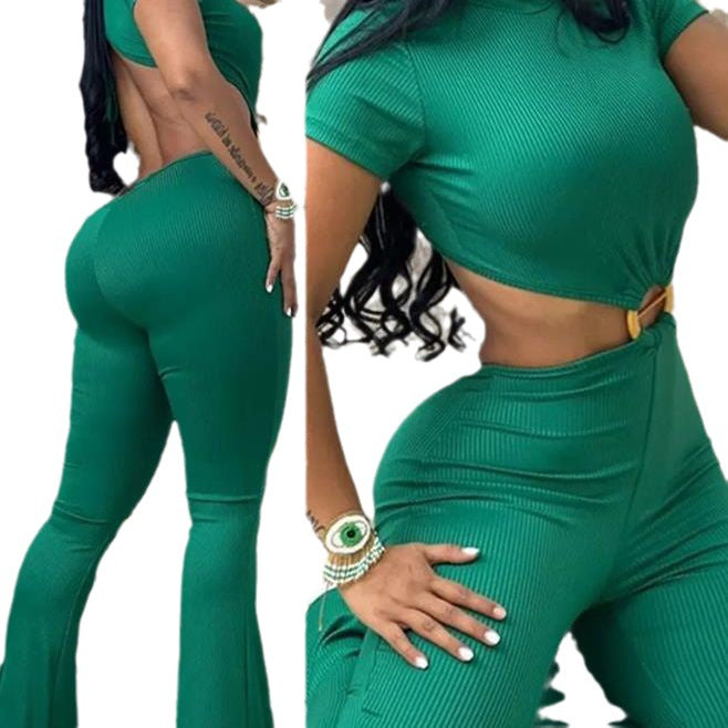 Damen cropped Oberteil mit hochtaillierter Hose im Ripp-Design R&B