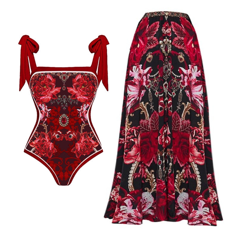 Damen Badeanzug mit raffinierten Rüschenträgern und opulentem Blumendesign R&B