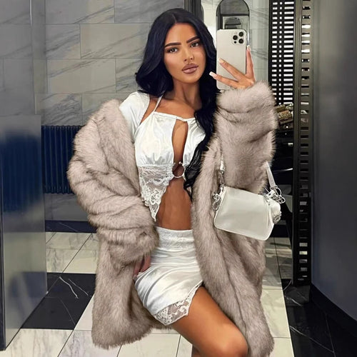 Damen Oversized Kunstfell-Mantel mit luxuriösem Innenfutter und elegantem Schnitt R&B