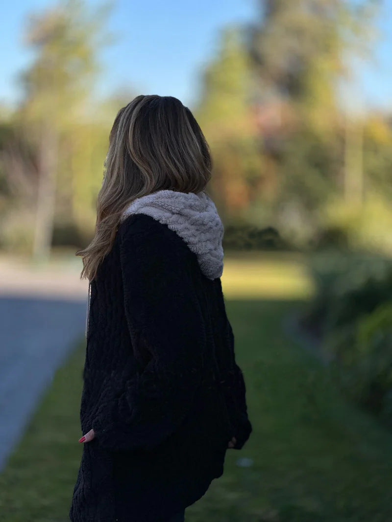 R&B | Lange Weinlese Kapuzen Fell Reißverschluss Gestrickte Jacke