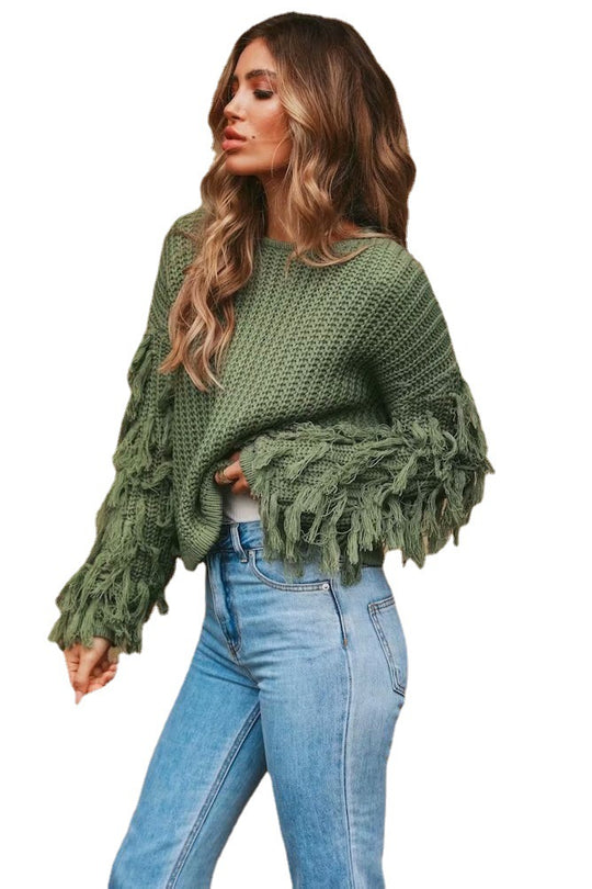 Damen Strukturpullover mit ausgefallenen Fransenärmeln R&B