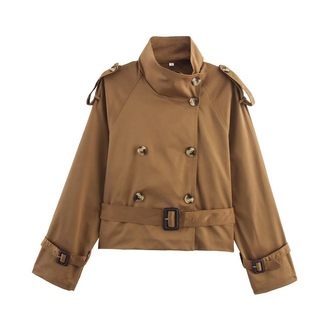 Damen modischer Trenchcoat mit hoch geschlossenem Kragen und praktischen Schulterriegeln R&B