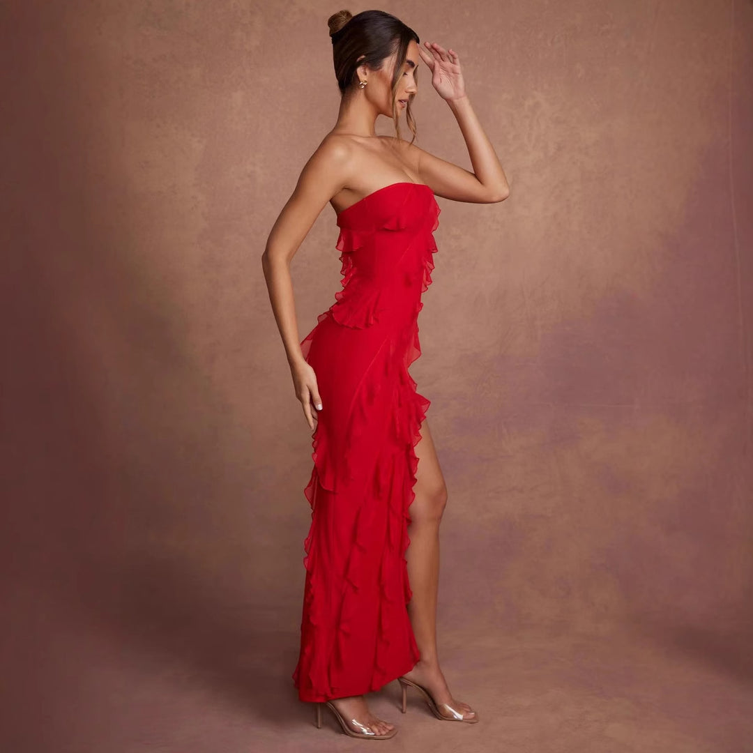 Damen Off-Shoulder Minikleid mit asymmetrischem Rüschensaum R&B