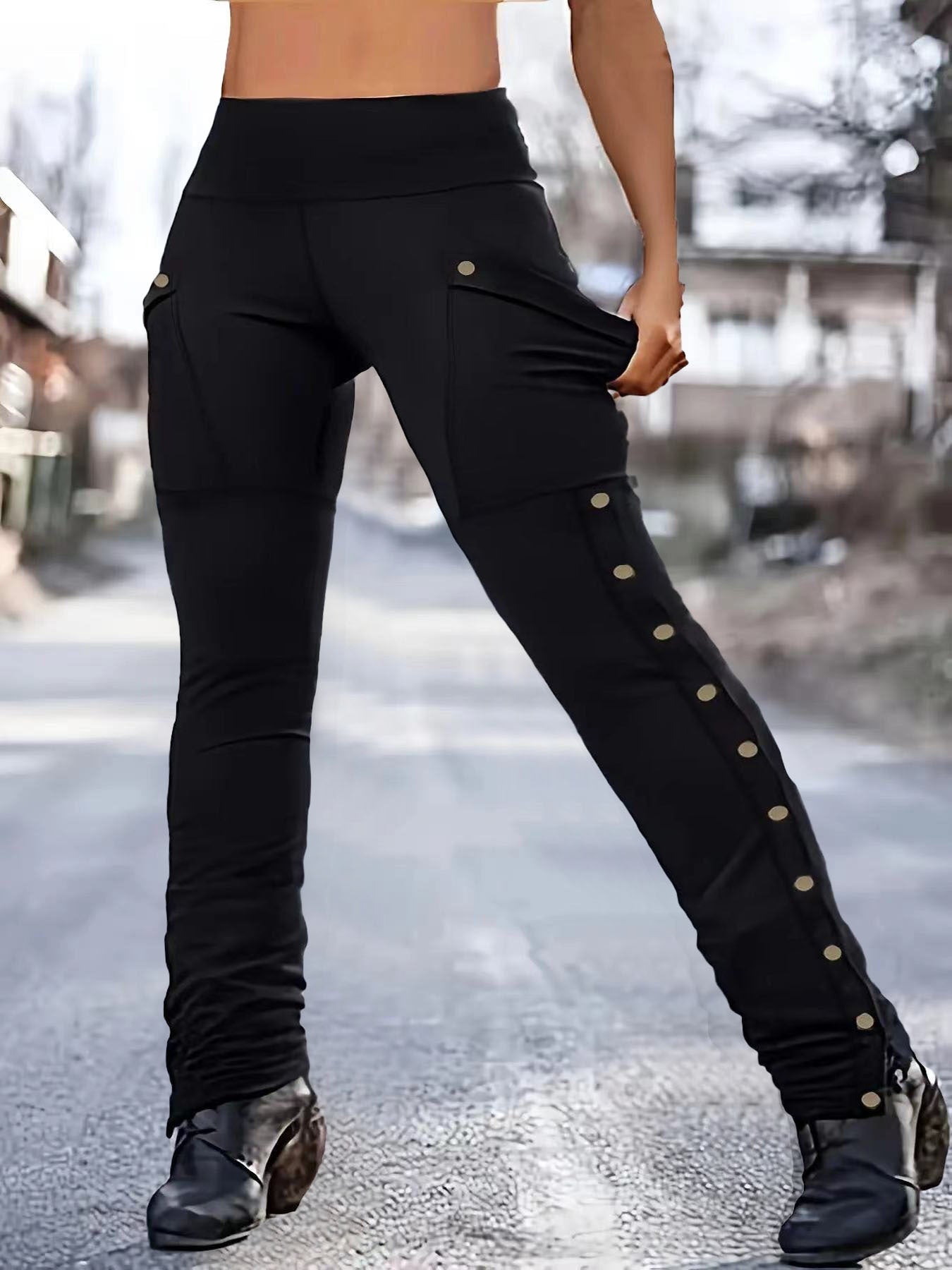 Damen Modische Freizeitleggings mit praktischen Taschen und Druckknöpfen
