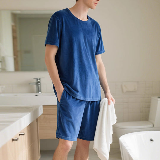 Herren nan Samtvelours Lounge-Set mit Rundhals-Kurzarmshirt und Kordelshorts R&B