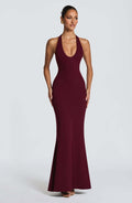 Damen Elegantes Bodenkleid mit tiefem V-Ausschnitt und figurbetontem Design EB