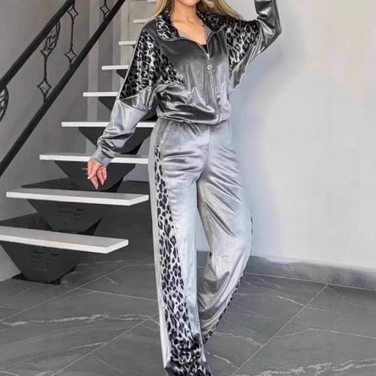 Damen Sportlicher Lounge-Anzug mit elegantem Leoprint R&B