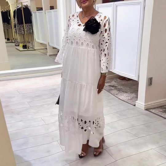 Damen nan Maxikleid mit Ajour-Lochstickerei, V-Ausschnitt, weiten Glockenärmeln und Stufensaum R&B