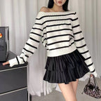 Damen Off-Shoulder Streifenpullover mit Rippstruktur
