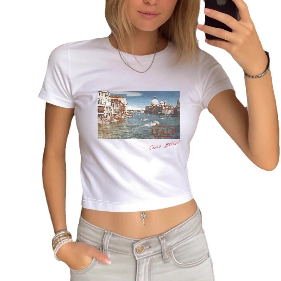 Damen Crop-T-Shirt mit kreativem Augenmotiv und Tourdruck R&B