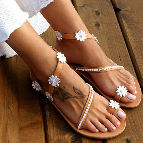 Damen Glamouröse und elegante Zehentrenner-Sandalen mit Perlenschmuck R&B