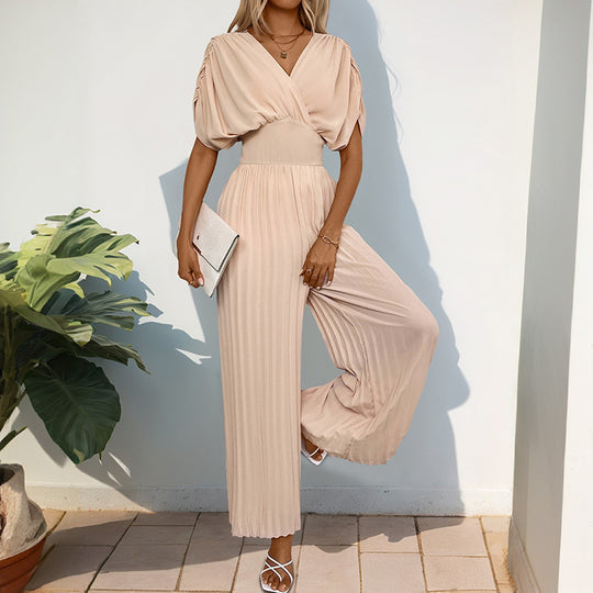 Damen Eleganter Jumpsuit mit hohem V-Ausschnitt und schwingenden Beinen R&B