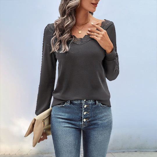 Damen Elegantes Oberteil mit Spitzendetails und Rundhalsausschnitt R&B