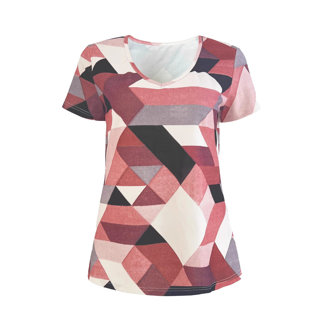 Damen V-Ausschnitt T-Shirt mit geometrischem Muster und weichem Material R&B