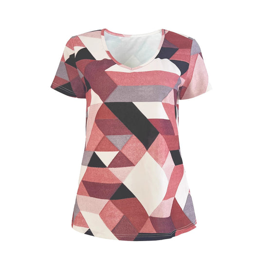 Damen V-Ausschnitt T-Shirt mit geometrischem Muster und weichem Material R&B